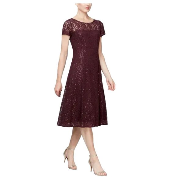 SLNY Dress 16 Fig Purple Plum Sequin Lace Short Sleeve Wedding Party Cruise NEW - Picture 1 of 14